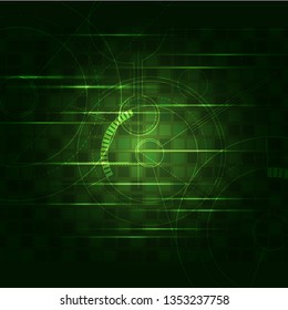 Scientific futuristic interface digital screen lines green neon light, technology. Abstract elements with technology shapes, lines, circles, dots and squares circuit boards on dark green background. 