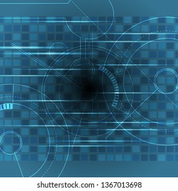Scientific futuristic interface digital screen lines blue neon light, technology. Abstract elements with technology shapes, lines, circles, dots and squares circuit boards on dark blue background.