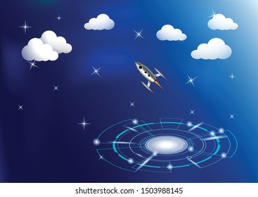 Scientific futuristic interface technology development speed the aim for exploration air, silver metal rocket with circles, dots, ring, star, sky and cloud. Design element Vector illustration.