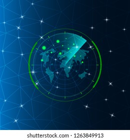 Scientific futuristic interface. with technology shapes, star, lines, circles, dots, and abstract neon light radius blue and green. Vector illustration polygonal on dark blue background. 