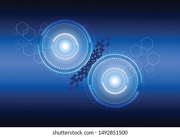 Scientific futuristic interface. Vector Illustration of digital screen with shapes, lines, circle, dots, square and hexagon. Circuit board on blue background. Abstract technology business of motion.