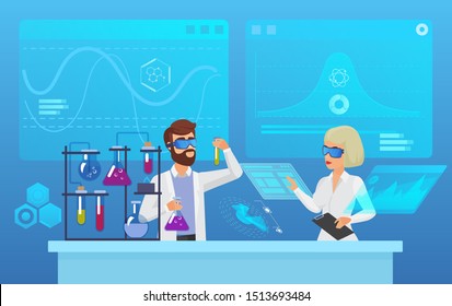 Scientific futuristic laboratory research flat vector illustration. Biochemistry, pharmacy, biotechnology experiment concept. Male and female scientists, modern medical workers analyzing characters