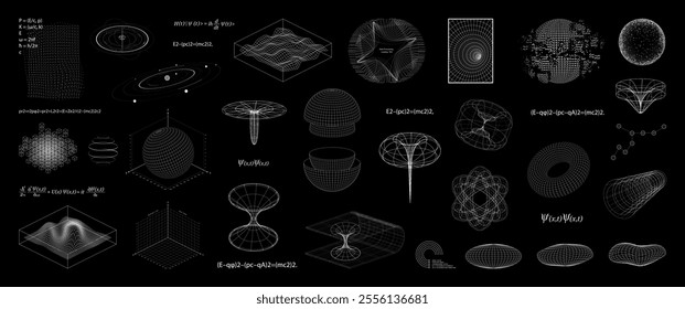 Scientific geometric and physical drawings with formulas. 3D drawings, science fiction, quantum physics with geometric figures, school board. Science fiction set, higher mathematics. Vector graphics