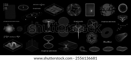 Scientific geometric and physical drawings with formulas. 3D drawings, science fiction, quantum physics with geometric figures, school board. Science fiction set, higher mathematics. Vector graphics