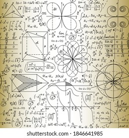 Scientific handwritings on the old yellow paper, math technical drawings and figures, calculations. Vector seamless pattern