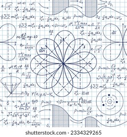 Scientific handwritten math formulas and figures, vector seamless pattern 