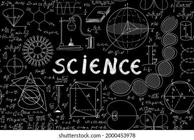 Scientific handwritten vector seamless pattern with the word "Science", chemical equipment, math formulas and figures around it. The chalk writings on school blackboard