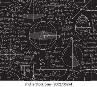 Scientific handwritten vector seamless pattern with math formulas and figures. The chalk writings on school blackboard 