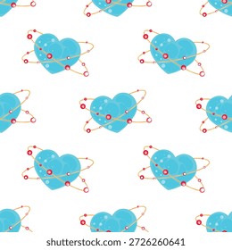 Padrão Científico Coração Sem Costura, Fundo Moderno Átomo Coração. Padrão de repetição da órbita do coração, fundo de amor da ciência da moda. Padrão de vetor do coração atômico, design perfeito exclusivo para impressões