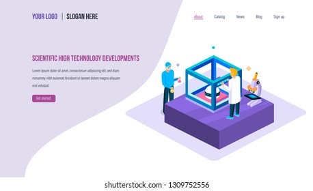 Scientific high future technology developments. Conducting experiments under microscope, testing high-tech devices, robots, working with artificial intelligence. Landing page template isometric vector