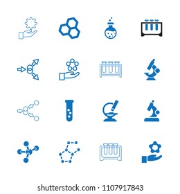 Scientific icon. collection of 16 scientific filled and outline icons such as test tube, chemical structure, microscope. editable scientific icons for web and mobile.