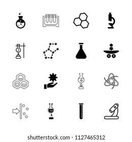 Scientific icon. collection of 16 scientific filled and outline icons such as microscope, test tube, chemical structure, atom. editable scientific icons for web and mobile.