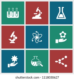 Scientific icon. collection of 9 scientific filled icons such as test tube, test tube search, atom in hand, microscope, atom. editable scientific icons for web and mobile.