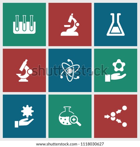 Scientific icon. collection of 9 scientific filled icons such as test tube, test tube search, atom in hand, microscope, atom. editable scientific icons for web and mobile.