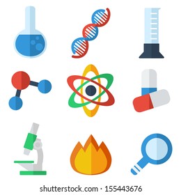 scientific icon into a flat style, a set of flat icons with symbols of science and medicine