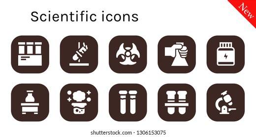 scientific icon set. 10 filled scientific icons.  Collection Of - Test tube, Biohazard, Flask, Protein, Chemical reaction, Test tubes, Microscope