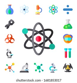 Scientific Icon Set. 17 Flat Scientific Icons. Included Flask, Stem, Biohazard, Atom, Microscope, Scientist, Test Tubes, Molecule, Science, Division Icons