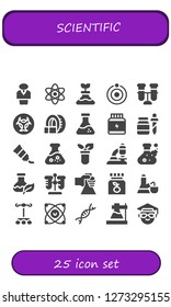 scientific icon set. 25 filled scientific icons. Simple modern icons about  - Chemist, Atom, Flask, Test tube, Biohazard, Tomography, Protein, Pipette, Tube, Microscope, Vitamin c