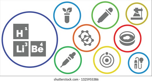 scientific icon set. 9 filled scientific icons.  Collection Of - Periodic table, Test tube, Eye dropper, Pipette, Atom, Molecule, Petri dish, Flask