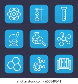 Scientific icon. set of 9 outline scientific icons such as microscope, test tube search, test tube, atom