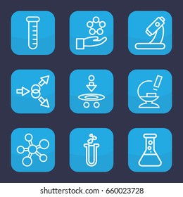Scientific icon. set of 9 outline scientific icons such as microscope, heart test tube, test tube, atom move, atom