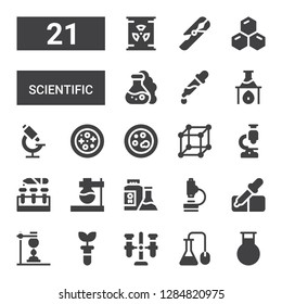 scientific icon set. Collection of 21 filled scientific icons included Flask, Science, Test tube, Pipette, Microscope, Molecules, Petri dish, Cells, Nuclear