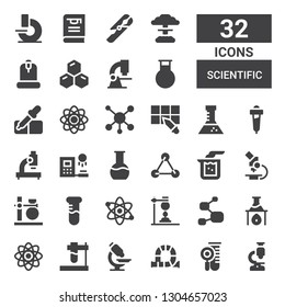 scientific icon set. Collection of 32 filled scientific icons included Microscope, Test tube, Tube, Physics, Flask, Molecule, Atom, Beaker, Molecules, Clone, Pipette, Cells, Nuclear