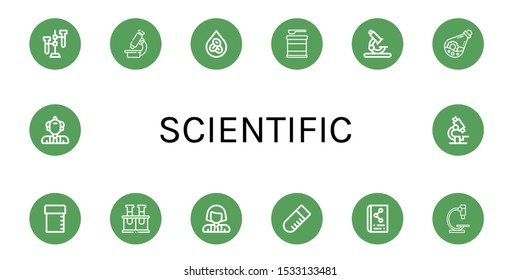 scientific icon set. Collection of Test tube, Microscope, Erythrocytes, Formula, Flask, Sample tube, Chemical, Scientist, Scientific icons