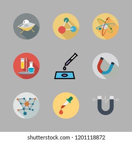 scientific icon set. vector set about ufo, magnet, flasks and physics icons set.