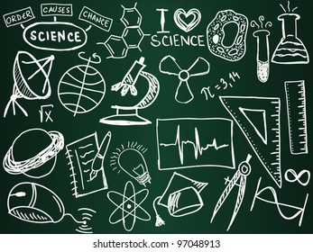 Scientific icons and formulas on the school board - illustration