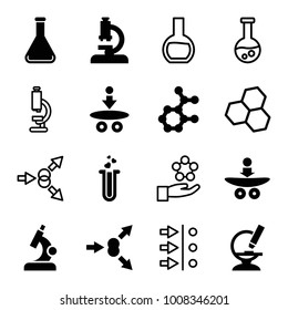 Scientific icons. set of 16 editable filled and outline scientific icons such as atom move, microscope, atom, heart test tube, test tube, chemical structure