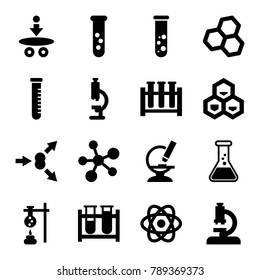 Scientific Icons. Set Of 16 Editable Filled Scientific Icons Such As Microscope, Test Tube, Chemical Structure, Atom