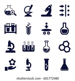 scientific icons set. Set of 16 scientific filled icons such as test tube, microscope, heart test tube, test tube search, atom move, atom, atom in hand