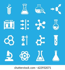 Scientific icons set. set of 16 scientific filled icons such as test tube, heart test tube, test tube search, atom, atom move, microscope