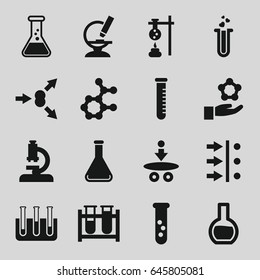Scientific icons set. set of 16 scientific filled icons such as test tube, heart test tube, microscope, atom move, atom