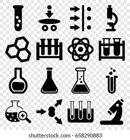 Scientific icons set. set of 16 scientific filled icons such as test tube, microscope, heart test tube, test tube search, atom, atom move