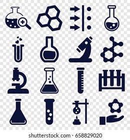 Scientific icons set. set of 16 scientific filled icons such as microscope, heart test tube, test tube search, test tube, atom move, atom, atom in hand