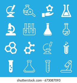 Scientific icons set. set of 16 scientific filled and outline icons such as heart test tube, microscope, test tube, atom, atom in hand, test tube search - Shutterstock ID 673087093