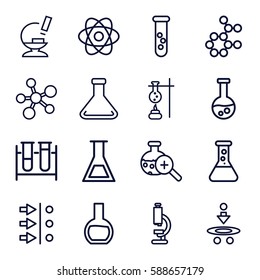 Scientific Icons Set. Set Of 16 Scientific Outline Icons Such As Test Tube, Microscope, Test Tube Search, Atom