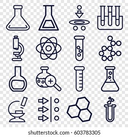 Scientific icons set. set of 16 scientific outline icons such as heart test tube, microscope, test tube, test tube search, atom, atom move