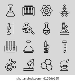 Scientific icons set. set of 16 scientific outline icons such as microscope, test tube, test tube search, atom