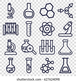 Scientific icons set. set of 16 scientific outline icons such as microscope, test tube, test tube search, atom, atom move