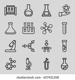 Scientific icons set. set of 16 scientific outline icons such as microscope, heart test tube, test tube, atom move, atom