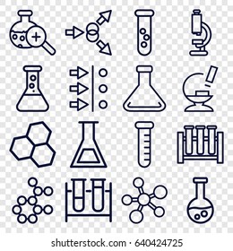 Scientific icons set. set of 16 scientific outline icons such as test tube, microscope, test tube search, atom move, atom