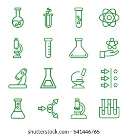 Scientific icons set. set of 16 scientific outline icons such as microscope, heart test tube, test tube, atom, atom move