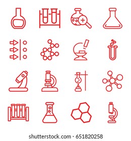 Scientific icons set. set of 16 scientific outline icons such as test tube, microscope, heart test tube, test tube search, atom move, atom