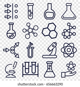 Scientific icons set. set of 16 scientific outline icons such as test tube, microscope, heart test tube, atom, atom move, atom in hand