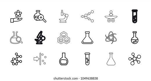 Scientific icons. set of 18 editable outline scientific icons: test tube, atom, atom in hand, test tube search, microscope, atom move