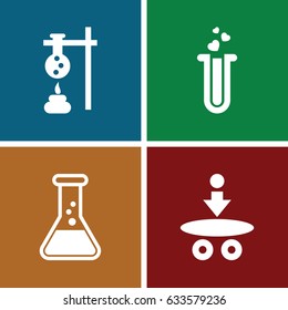 Scientific icons set. set of 4 scientific filled icons such as heart test tube, atom