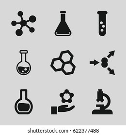 Scientific icons set. set of 9 scientific filled icons such as test tube, atom move, microscope, atom, atom in hand